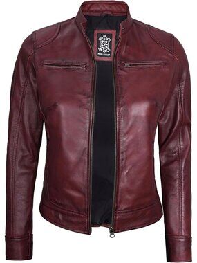 Women’s Maroon Genuine Lambskin Leather Cafe Racer Motorcycle Jacket